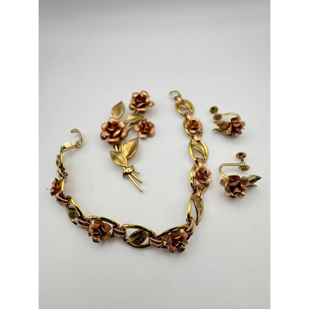Vintage Krementz Bracelet Brooch Earrings Set Two Tone Rose